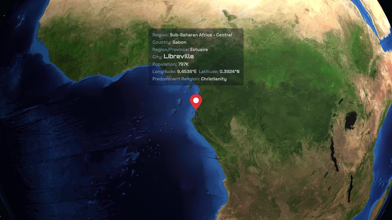 Digital animation zooms from a rotating Earth in space to a map marker in Libreville