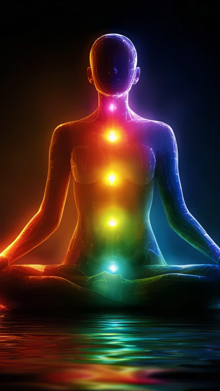 Una figura serena si illumina con centri di energia vibranti, a simboleggiare equilibrio e armonia attraverso i colori del sistema dei chakra in una posa meditativa tranquilla