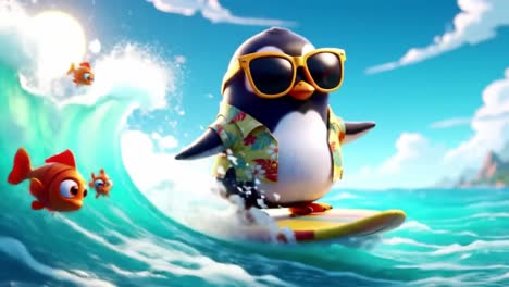a surfing penguin enjoys a vibrant summer day on the waves with colorful fish companions, showcasing freedom and joy in a tropical paradise