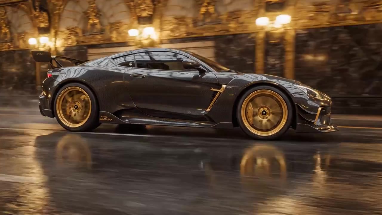 Un'auto sportiva elegante e lussuosa scivola con grazia attraverso un ambiente urbano raffinato, mettendo in mostra il suo design potente e le sue splendide ruote dorate in un contesto piovoso
