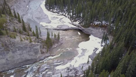 aerial view of a boreal river canyon in spring