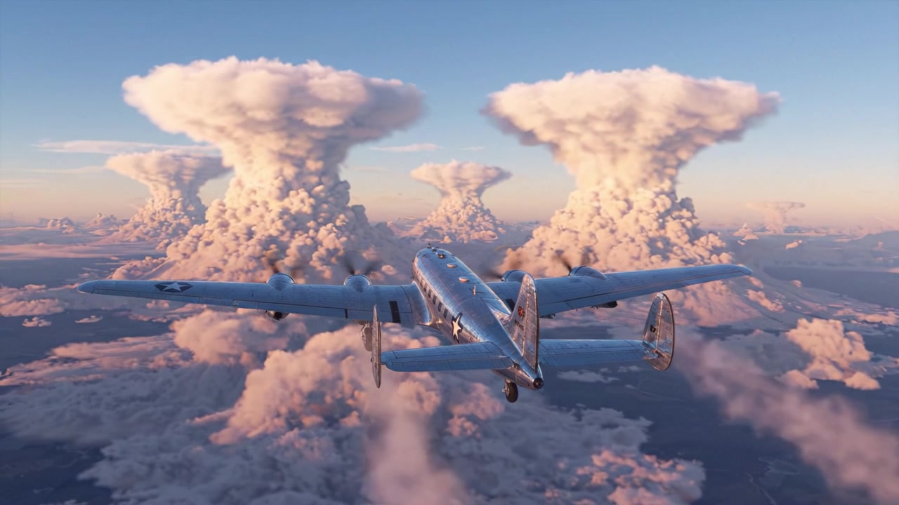 Un Aeroplano Vintage Naviga con Grazia Attraverso Imponenti Nuvole Soffici a Forma di Fungo Sotto un Cielo Mozzafiato al Tramonto in una Scena Aerea Spettacolare