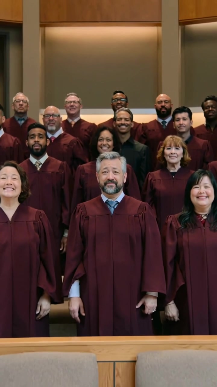 Vertical video: Camera pulling back, bearded man in maroon robe leading choir on risers for service