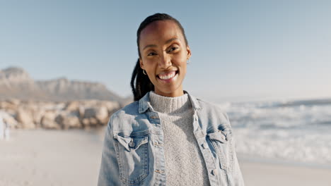 smile, portrait and black woman on beach