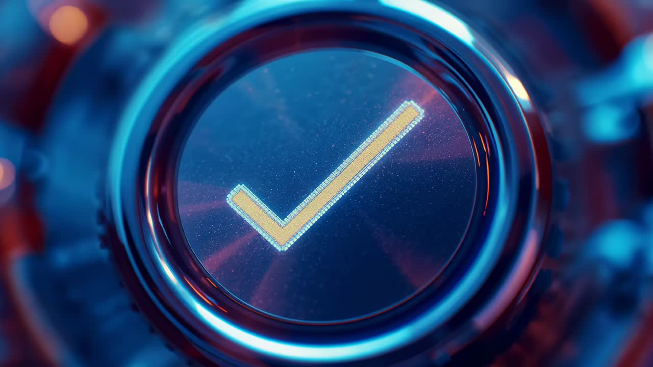 Starting sequence, metallic button glowing checkmark on panel with rings, dust confirming