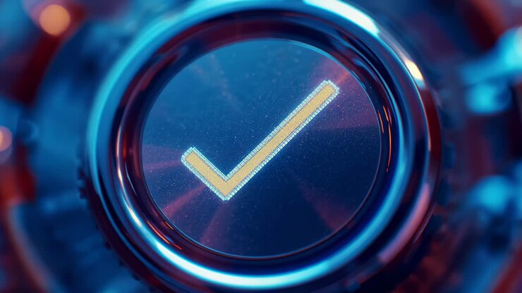 Starting sequence, metallic button glowing checkmark on panel with rings, dust confirming