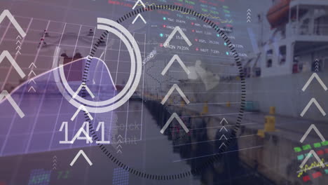 animation of graphs, processing data and globe over goods warehouse