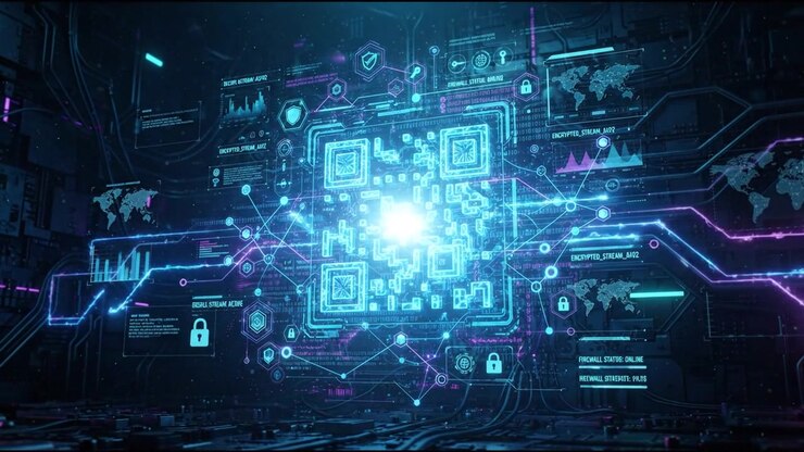Digital QR Code Security Interface with Futuristic Data Visualization