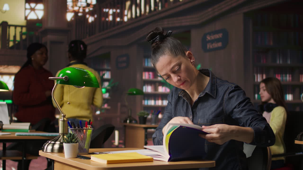 mujer estudiando en una biblioteca
