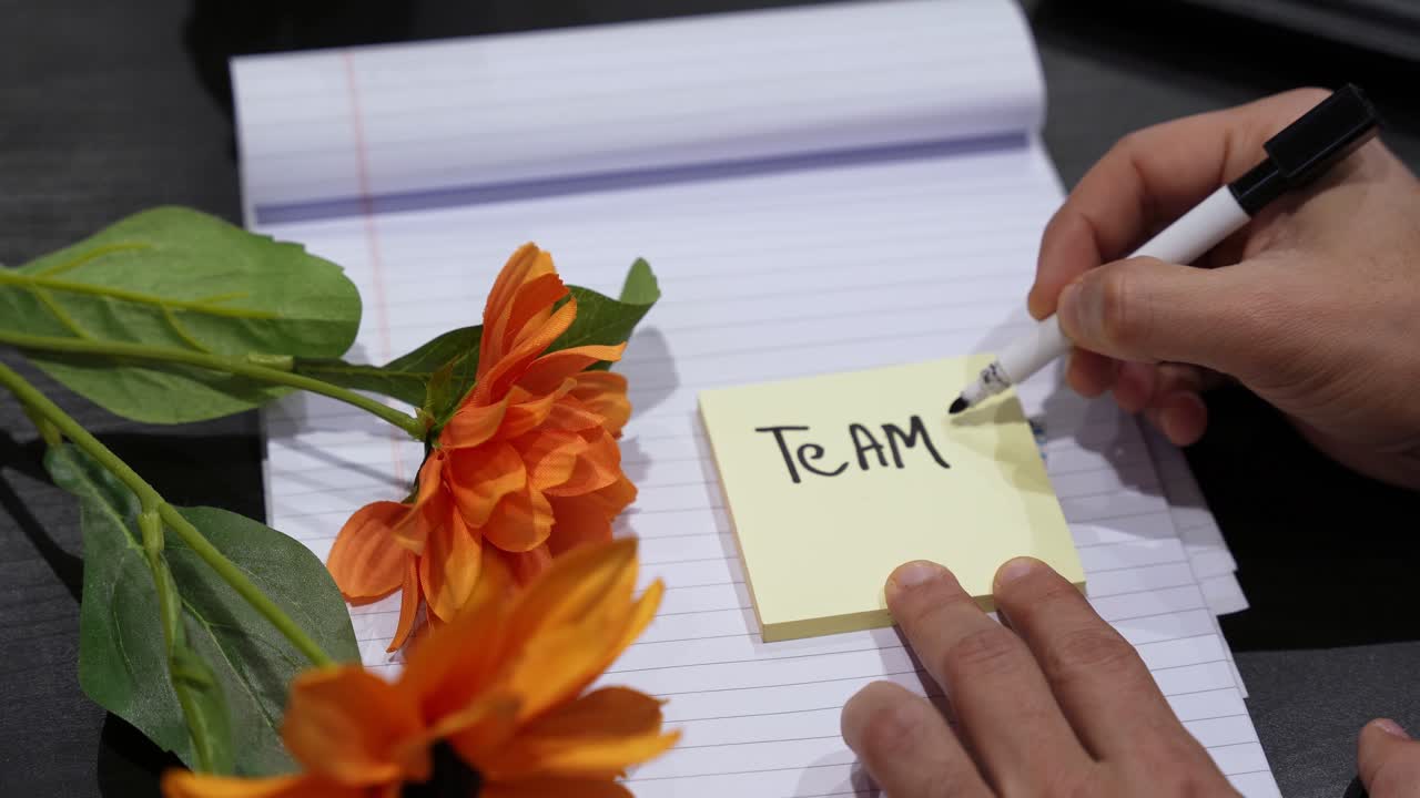 Close-up tangan menulis “Te Amo” dengan hati pada sticky note menggunakan spidol, bunga oranye dan kertas buku catatan bergaris di meja gelap, pesan cinta romantis Spanyol untuk Hari Valentine, latar belakang ruang salin