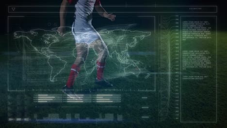 animación del globo y procesamiento de datos sobre el jugador de fútbol caucásico pateando la pelota