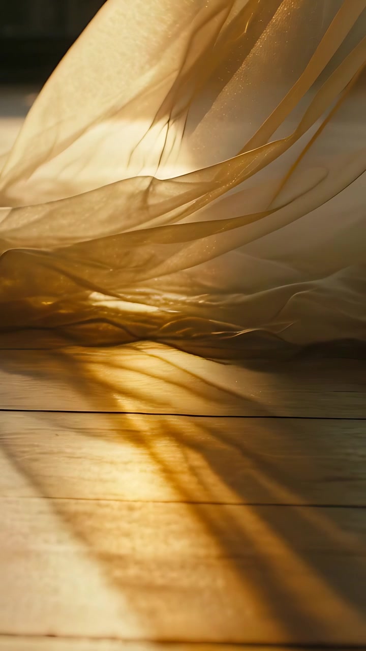 Vertical video: Rippling sheer curtain lifting on wood floor by window breeze, casting warm shadows