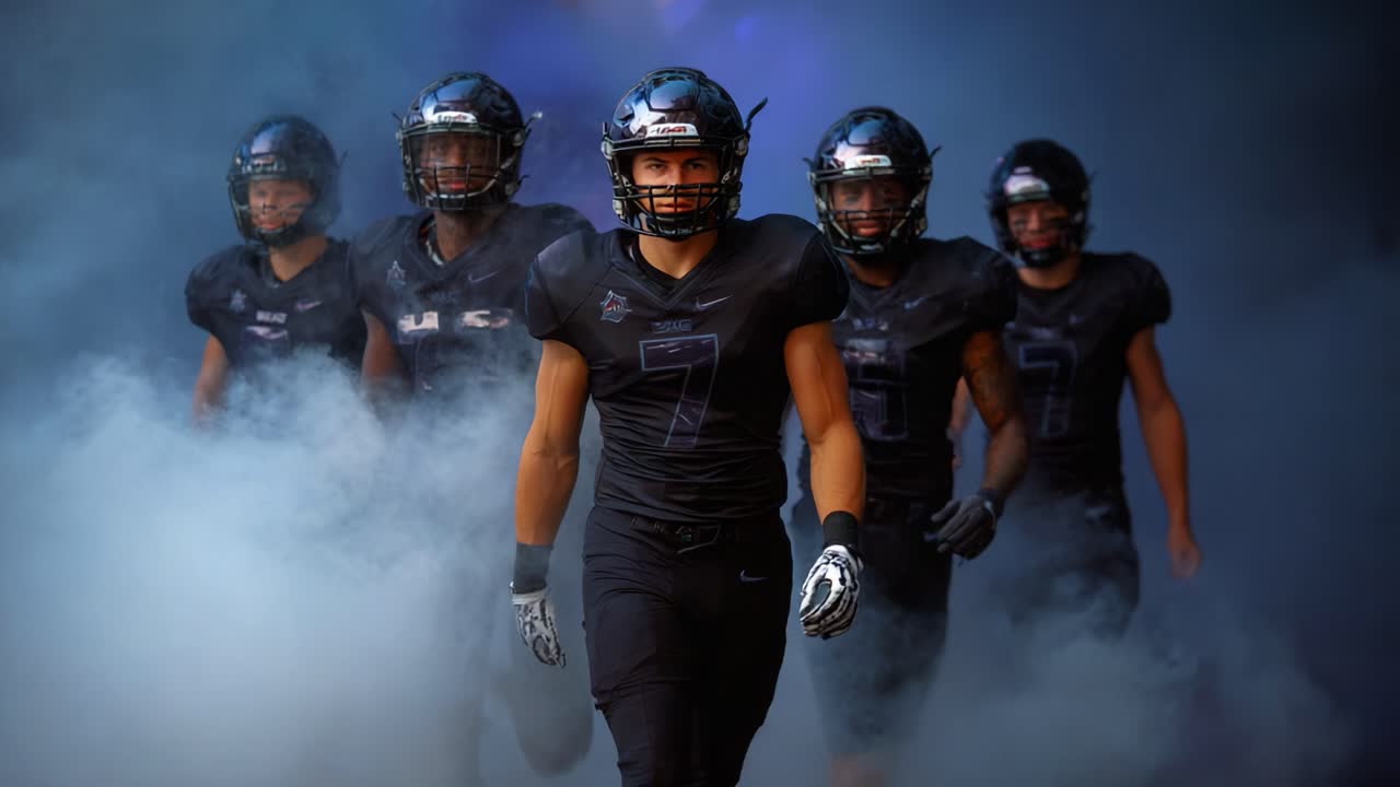 Dynamisch sportteam komt tevoorschijn uit de mist: voetballers tonen kracht en eenheid in spectaculaire zwarte uniformen tijdens een spannende atletische introductie
