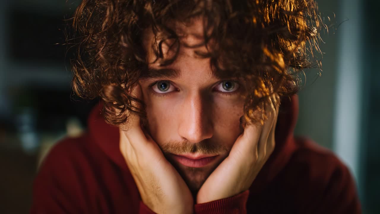 A young man with curly hair looks contemplatively at the camera, his hands resting on his face. The lighting emphasizes his pensive expression and mood