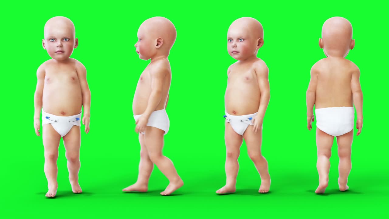 Bambino divertente, bambini. Animazione realistica su schermo verde.
