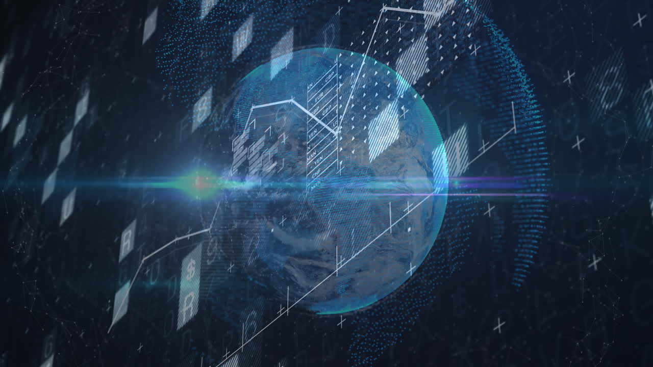 그래프, 글자, 기호 및 숫자의 애니메이션은 전 세계에 렌즈 플레어와 함께