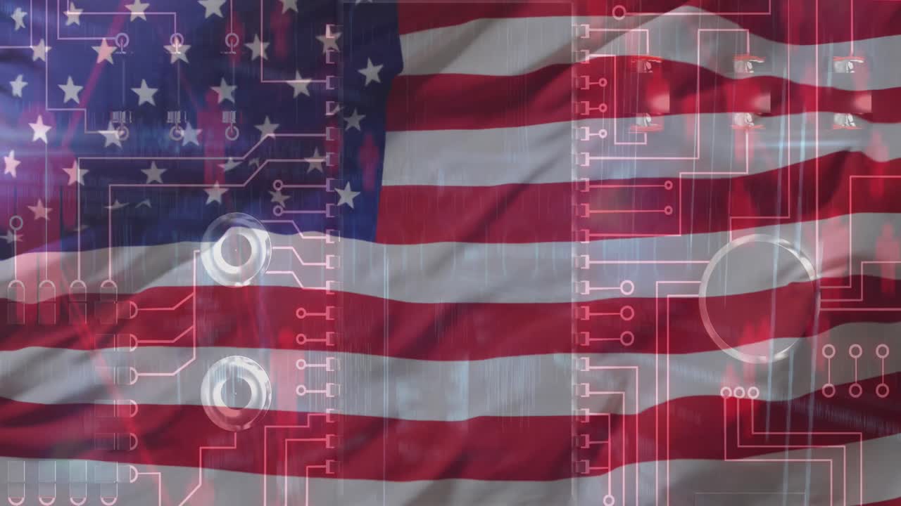 Animation of computer circuit board with data processing and flag of usa