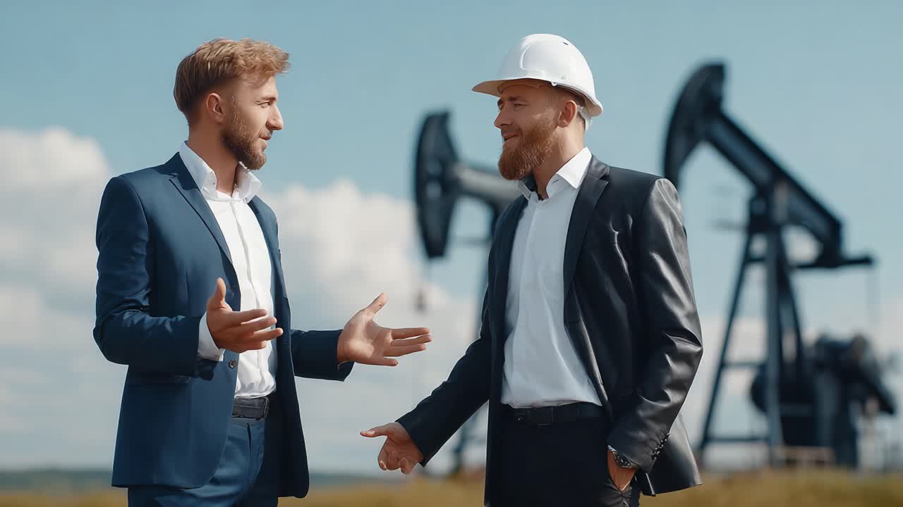 Two Professionals Engaged in Dialogue at an Oil Field, Discussing Business Strategies and Environmental Impact in the Energy Sector on a Clear Day