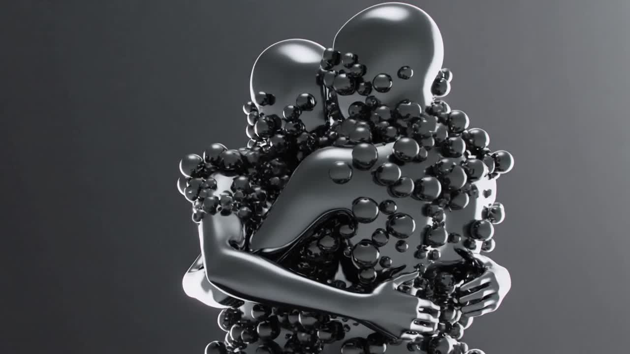 Standing reflective chrome humanoid pair holding each other in studio, forming clustered spheres