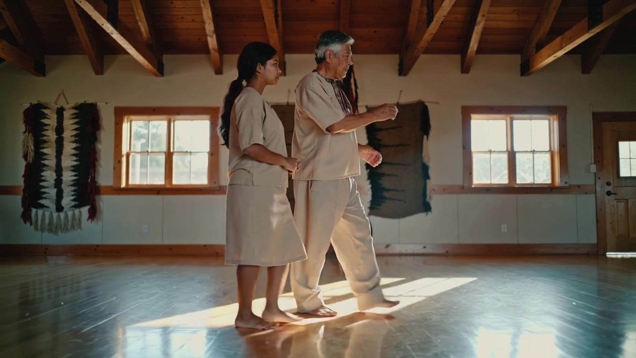 Anziano che cammina, entrando in una macchia di sole, guida uno studente per la pratica, entrambi a piedi nudi e vestiti con abiti neutri sul pavimento.