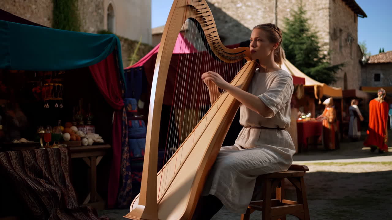 Woman Playing a Harp at a Medieval Fair