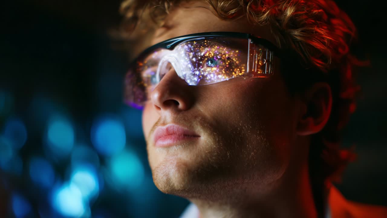 A young man wearing futuristic, reflective glasses that display vibrant cosmic visuals, showcasing a blend of technology and imagination as he gazes thoughtfully into the distance, lost in a universe of possibilities