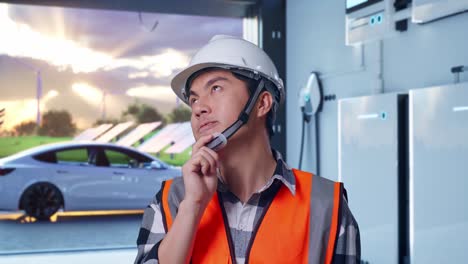 close up of asian male engineer with safety helmet thinking about something and looking around while standing with home energy storage system in a modern garage
