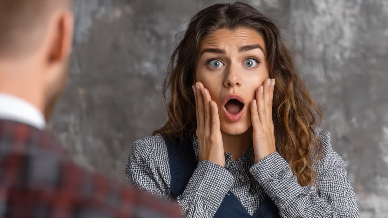 Reazione emotiva: una donna sorpresa passa dallo shock alla gioia in un momento di presa di coscienza, suscitando emozioni e connessione in un ambiente intimo