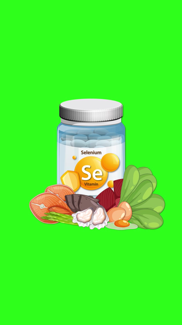 Flacone di integratore di selenio gradualmente circondato da verdure, pesce e uova su sfondo verde brillante.