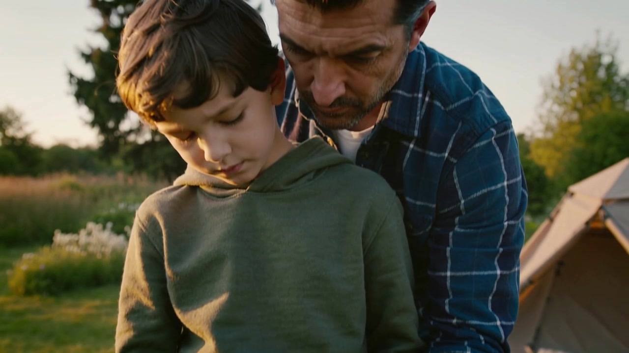 Un padre che si protende guida le mani del bambino in un campeggio erboso, insegnando l'uso della bussola con una tenda sullo sfondo.
