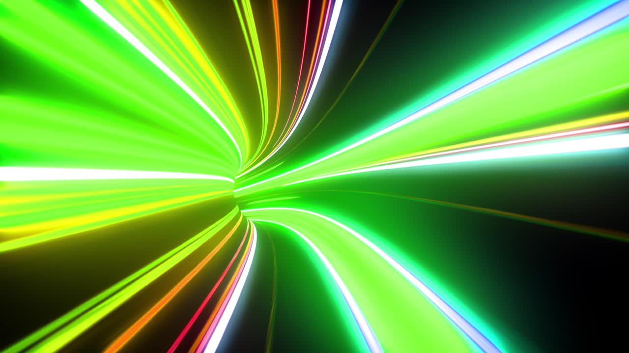 linee dritte multicolori colorate su uno sfondo scuro. animazione astratta di neon, laser e linee. volo attraverso tunnel di dati. ciclo senza cuciture, animazione 3d in 4k