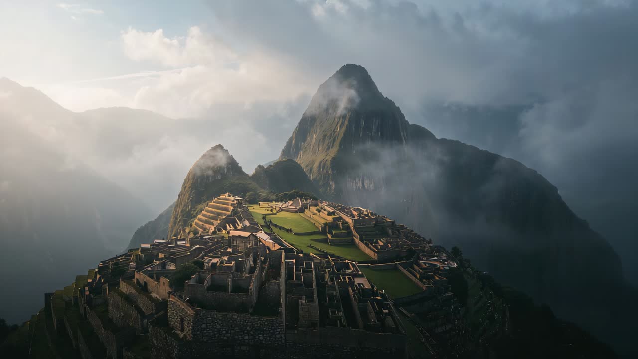 Inizio ripresa con drone che rivela una cittadella terrazzata sulla montagna, catturando la luce del mattino sulle terrazze