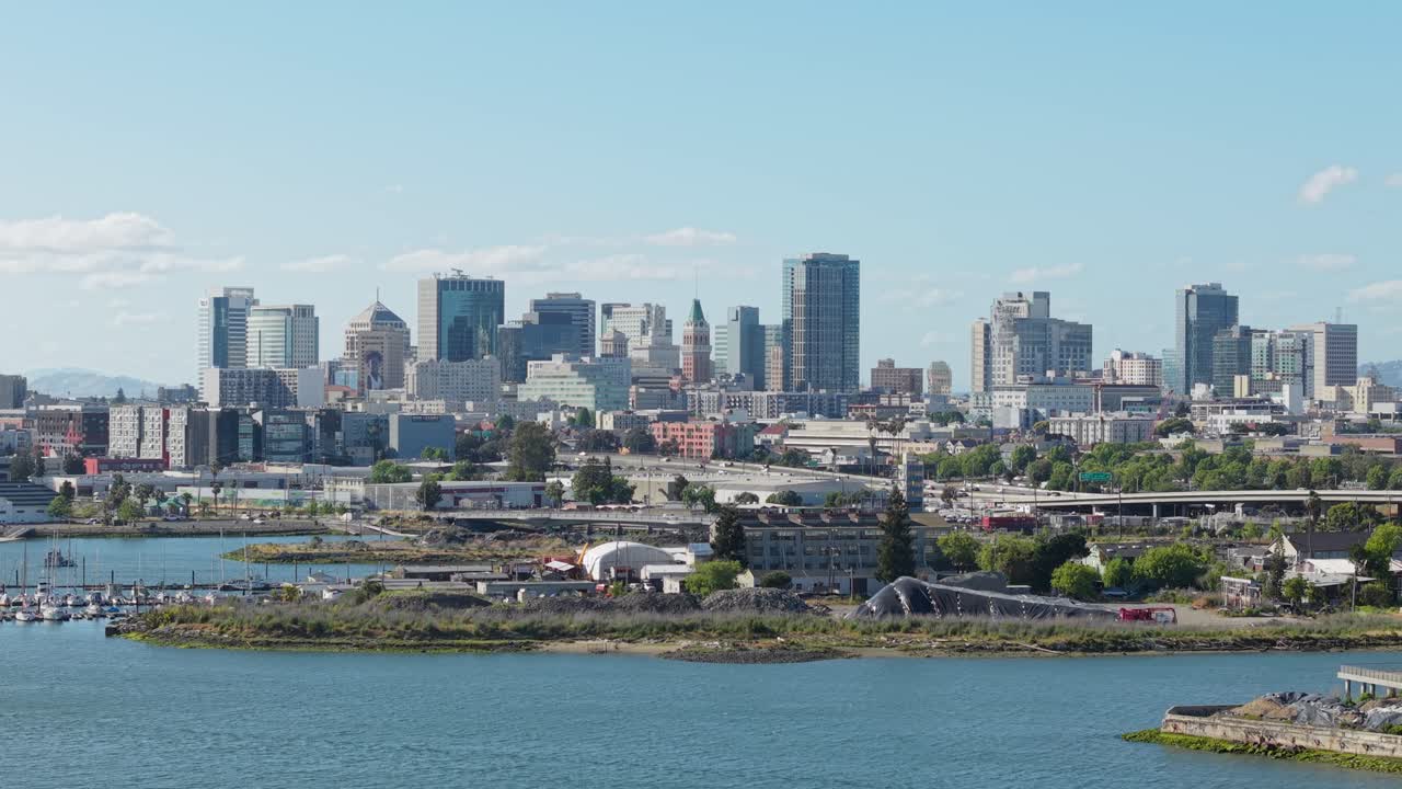 An elevated lockdown aerial shot of downtown Oakland. Filmed in 4K on a DJI Air 3S.