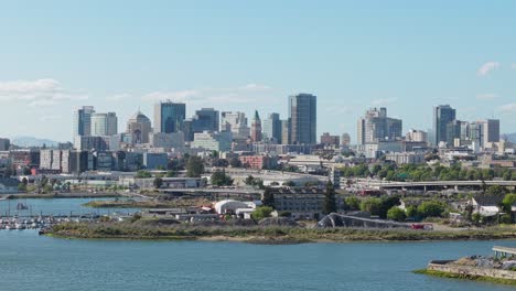 an elevated lockdown aerial shot of downtown oakland. filmed in 4k on a dji air 3s.