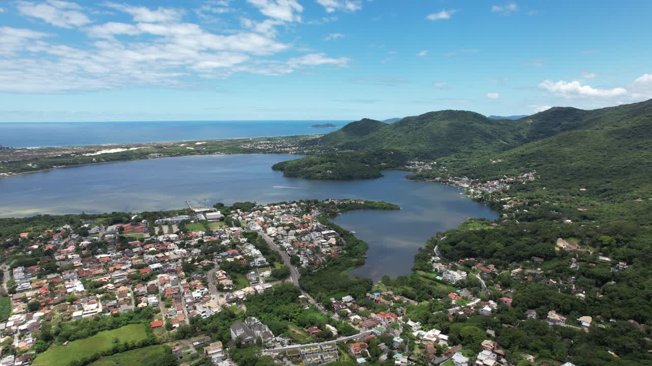 drone shot in beautiful landscape on santa catarina island, brazil, sunny day and magical light