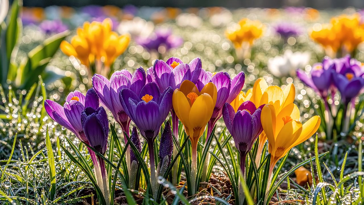 Levendige paarse en gele lentekrokusbloemen met ochtenddauw