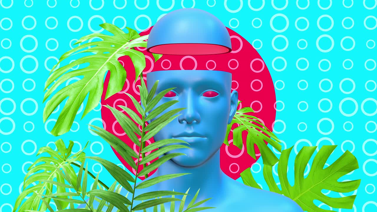 diseño psicodélico de colores gráficos mínimos. concepto de arte abstracto del cuerpo humano con formas geométricas y plantas. personaje 3d realista hombre o mujer en estilo de movimiento moderno creativo. animación de moda.