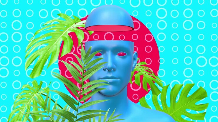 Design psichedelico grafico minimale e colorato. Concetto di arte astratta del corpo umano con forme geometriche e piante. Personaggio 3D realistico, uomo o donna, in stile di movimento creativo e moderno. Animazione di moda.