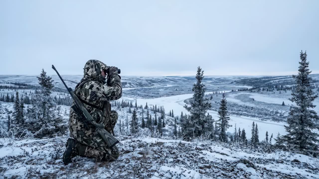 Metsästäjä polvistuneena tarkkailee lumista talvimaisemaa kiikarit kiikaritellen