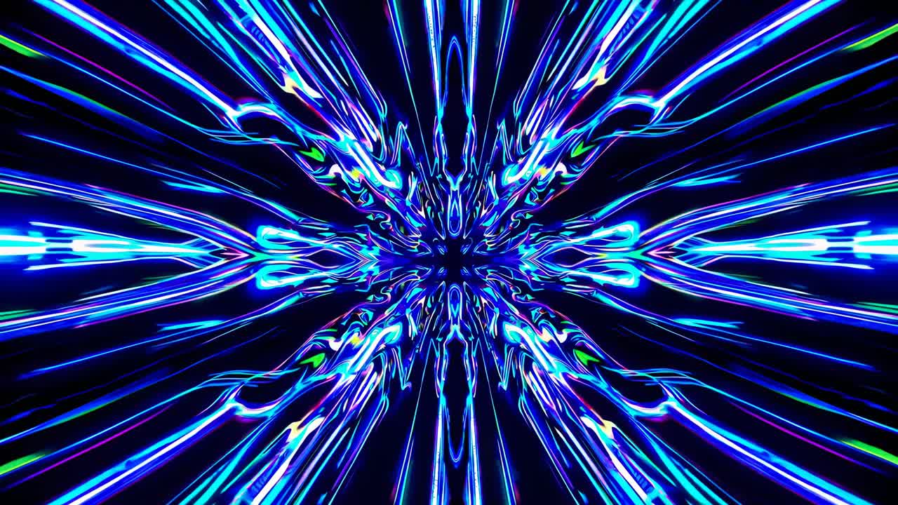 Dynamic video of neon blue light trails converging in a symmetrical pattern