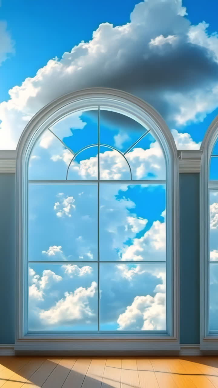 Bright cloud view from spacious interior. Sunlight streams into a large room through arched windows, highlighting fluffy clouds against a blue sky.