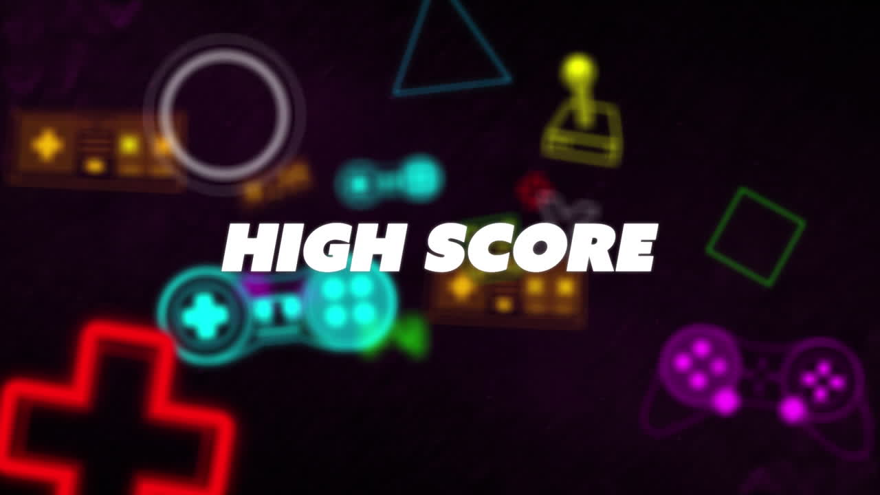 검은색 배경에 네온 비디오 게임 컨트롤러 아이콘 위에 높은 점수 텍스트 배너의 애니메이션