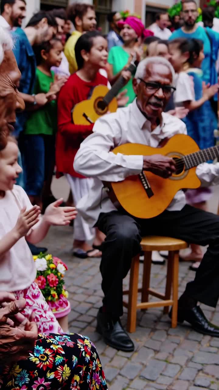 Video di uno spettacolo di strada con musicisti e ballerini