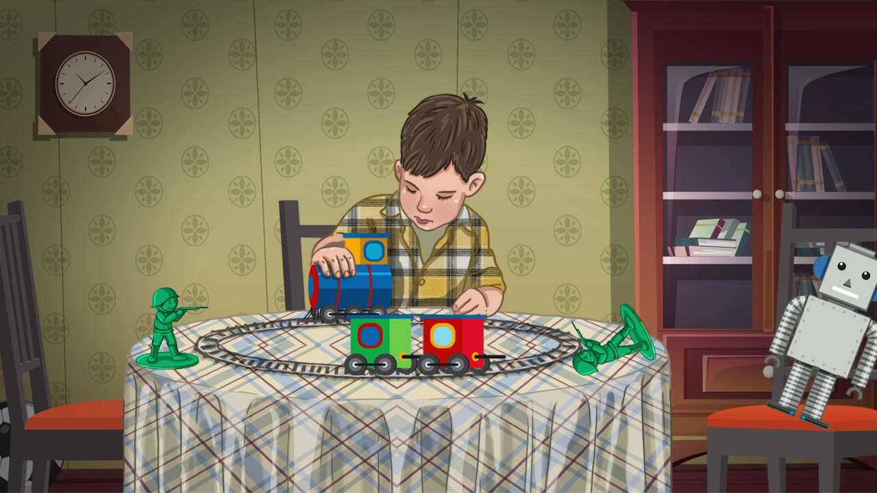 White Boy Playing With Toy Train On Round Table, Checked Shirt Sleeves Rolled, Miniature Soldiers And Robot