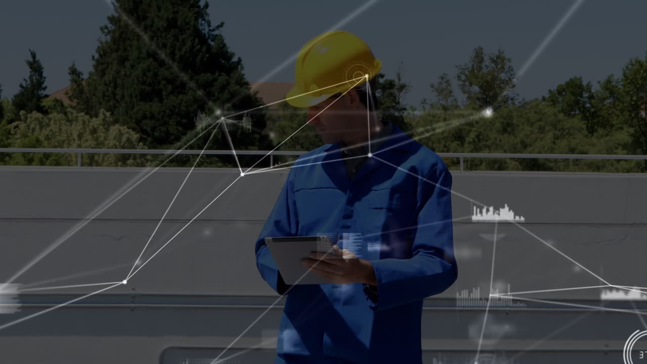 Animation of network of connections over solar panels and caucasian male engineer