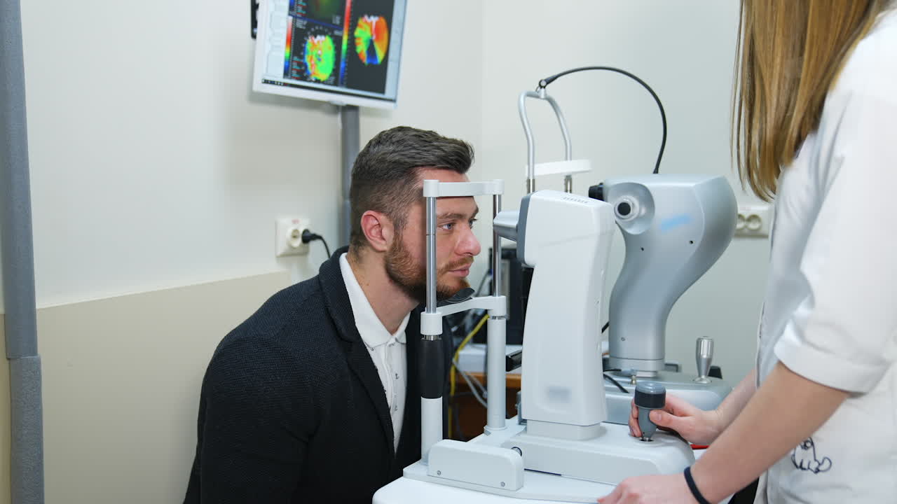 Male patient in ophthalmology clinic. Selective focus on man`s face while checking vision.