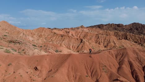drone static of hiker walking along sandy ridge of fairytale canyon skazka, kyrgyzstan, capturing its unique rock formations and diverse terrain