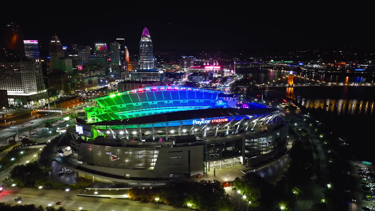Aerial Night View of Paycor Stadium in Cincinnati, Ohio