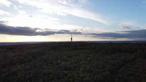 autumn sunset over a forest with a majestic transmission tower