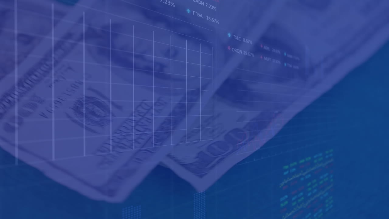 Animation of financial data processing over american dollar bills